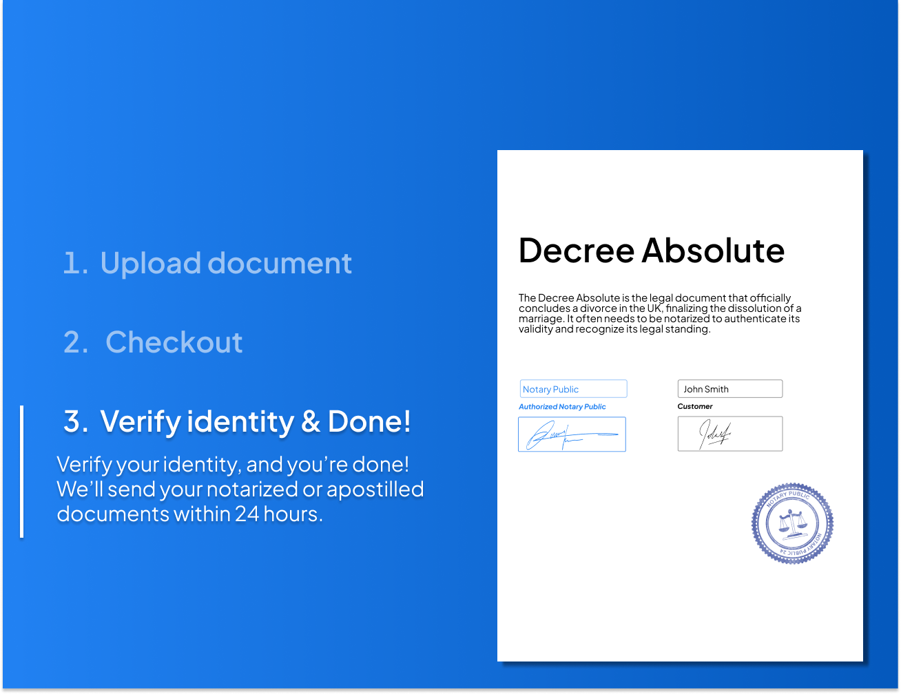 Step-by-step visual guide for notarizing a Decree Absolute online, showing upload, checkout, and identity verification process with a signed and sealed divorce document – fast, secure service from NotaryPublic24.com with delivery in 24 hours.