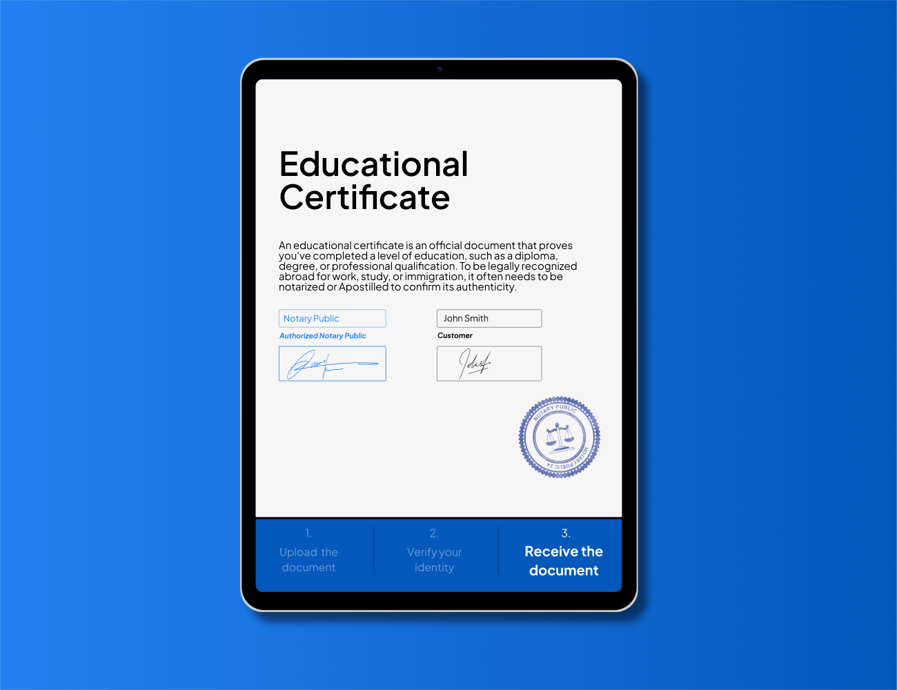Digitally signed educational certificate showing notary and customer signatures for international use – ideal for Apostille or attestation through NotaryPublic24’s 24-hour online service