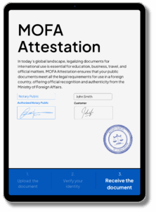 MOFA Attestation service by notarypublic24.com shown on tablet screen with digital notary signatures, seal, and online legalization steps