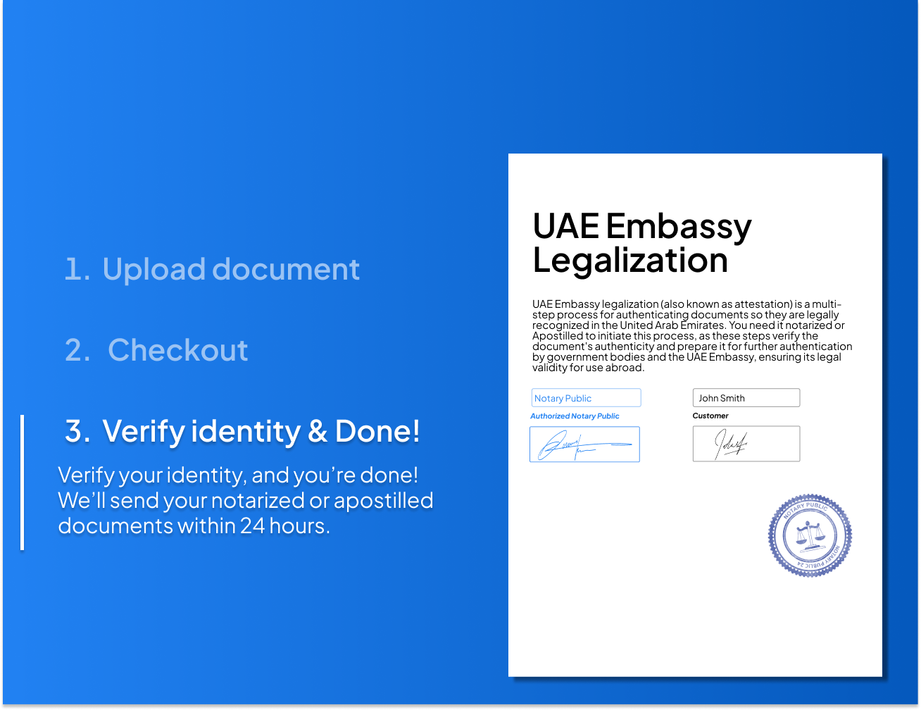 UAE Embassy Legalization process by notarypublic24.com shown with upload, checkout, and identity verification steps alongside notarized document preview