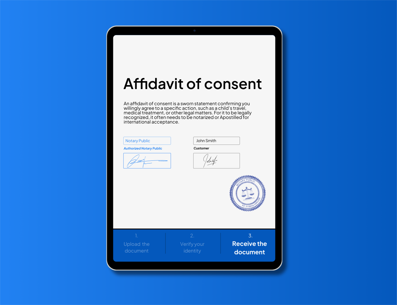 Digital Affidavit of Consent form displayed on a tablet with online notarization by a Notary Public and fast Apostille service from NotaryPublic24 for travel, medical, and legal authorization documents.