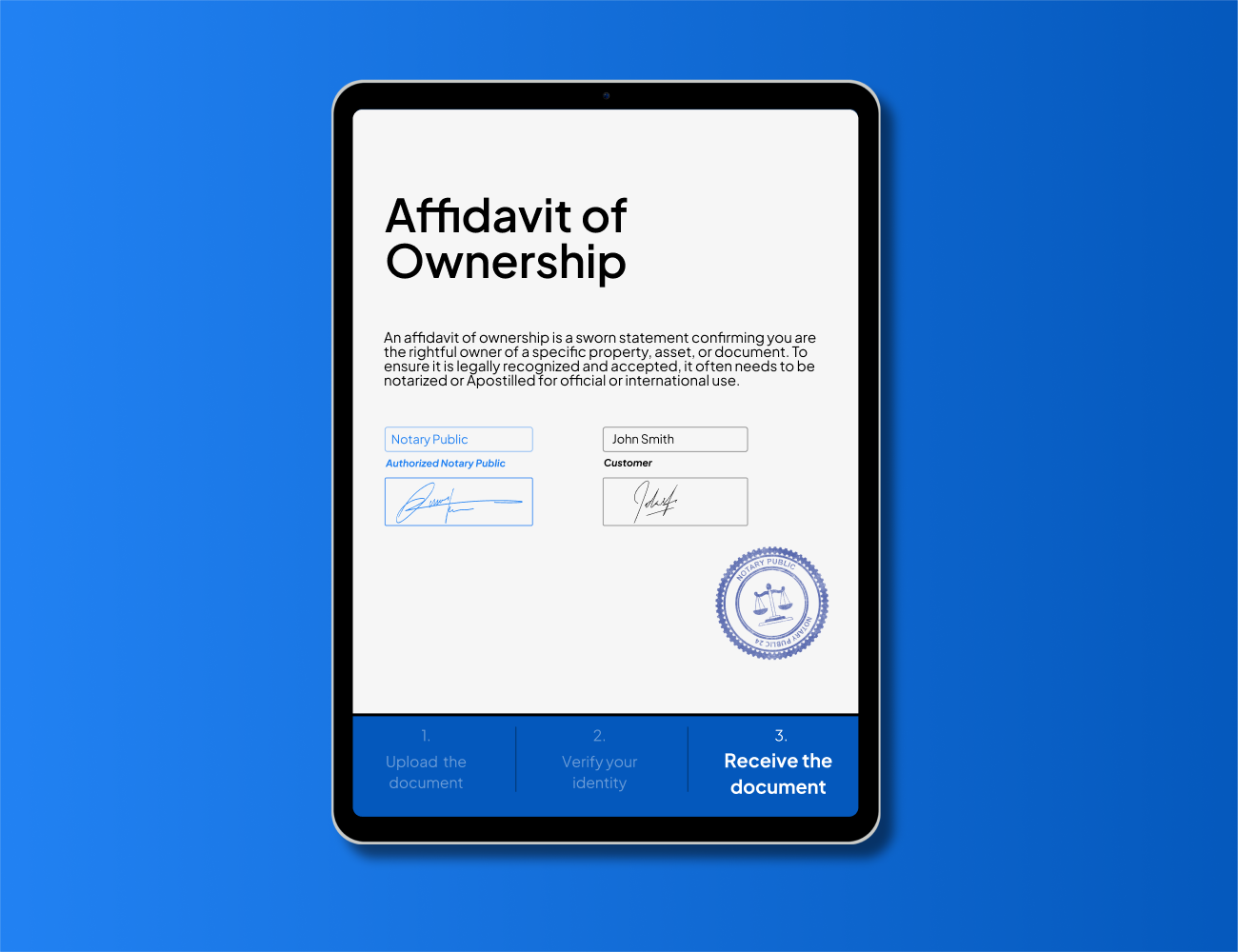 Digital Affidavit of Ownership form displayed on a tablet with online notarization by a Notary Public and Apostille service from NotaryPublic24 for proving property, asset, or document ownership.
